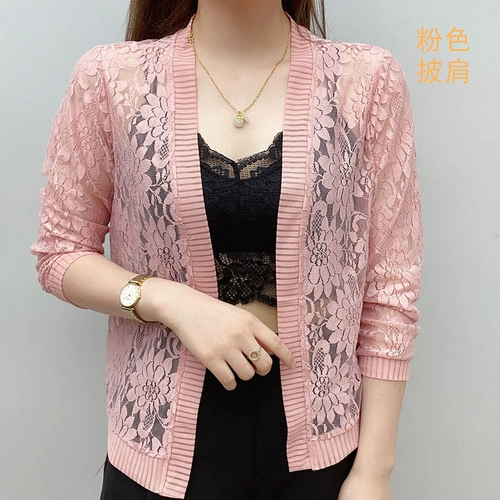 Летняя накидка, плащ, кружевной тонкий кардиган, трикотажный короткий свитер, большой размер