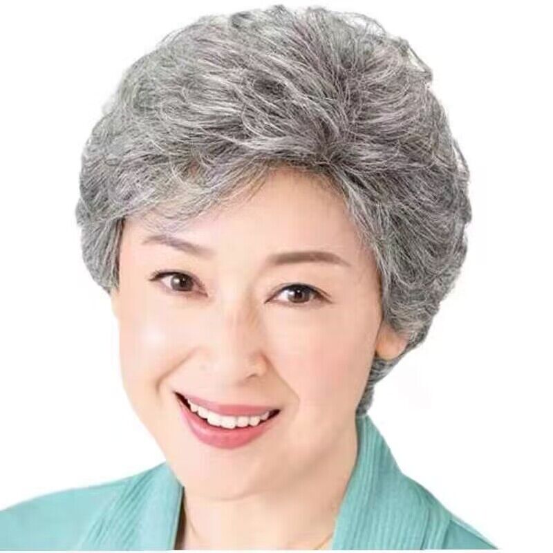 Wigs for Middle-Aged and Elderly Women, Granny Gray Short Hair, Full Head Wig for Seniors, Gray-White Full Real Hair, Elderly Lady Full Wig
