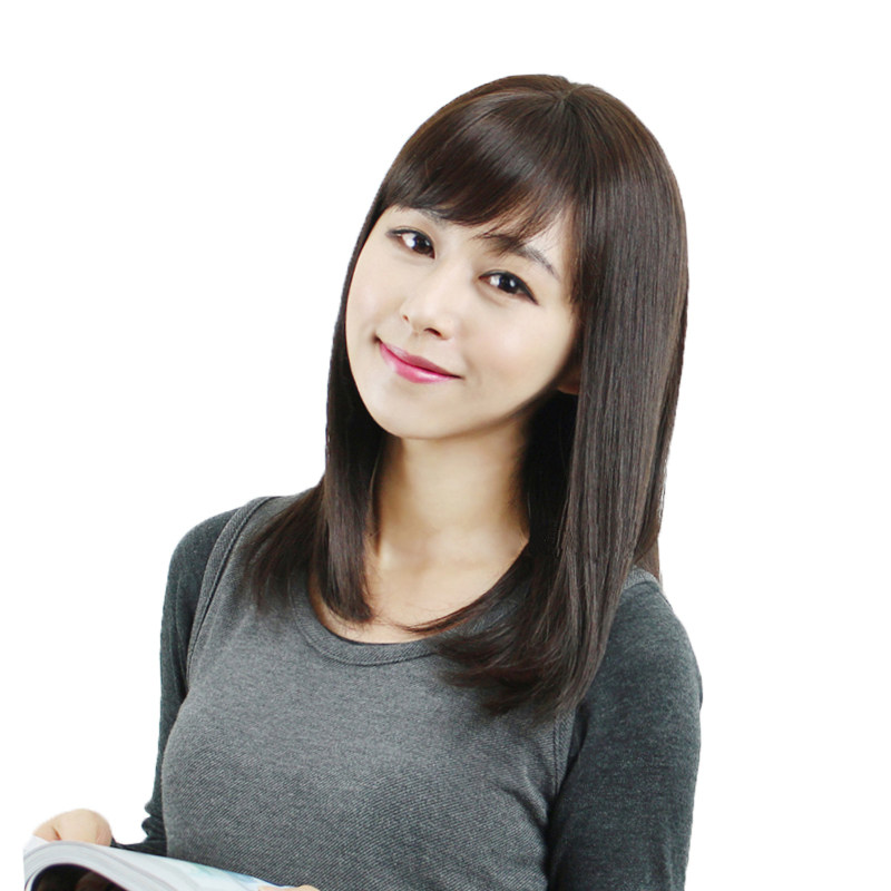 中年假发女长直发斜刘海自然逼真黑色长发透气中老年中长直发真发
