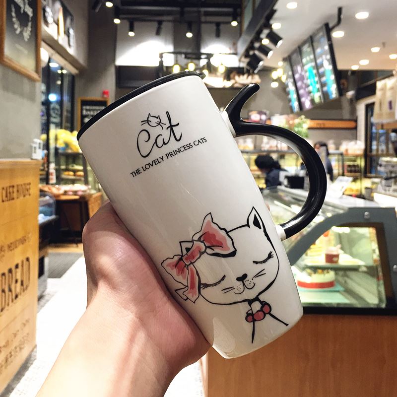 The Cat is lovely water glass ceramic keller office individuality creative picking milk coffee cup with cover the spoon