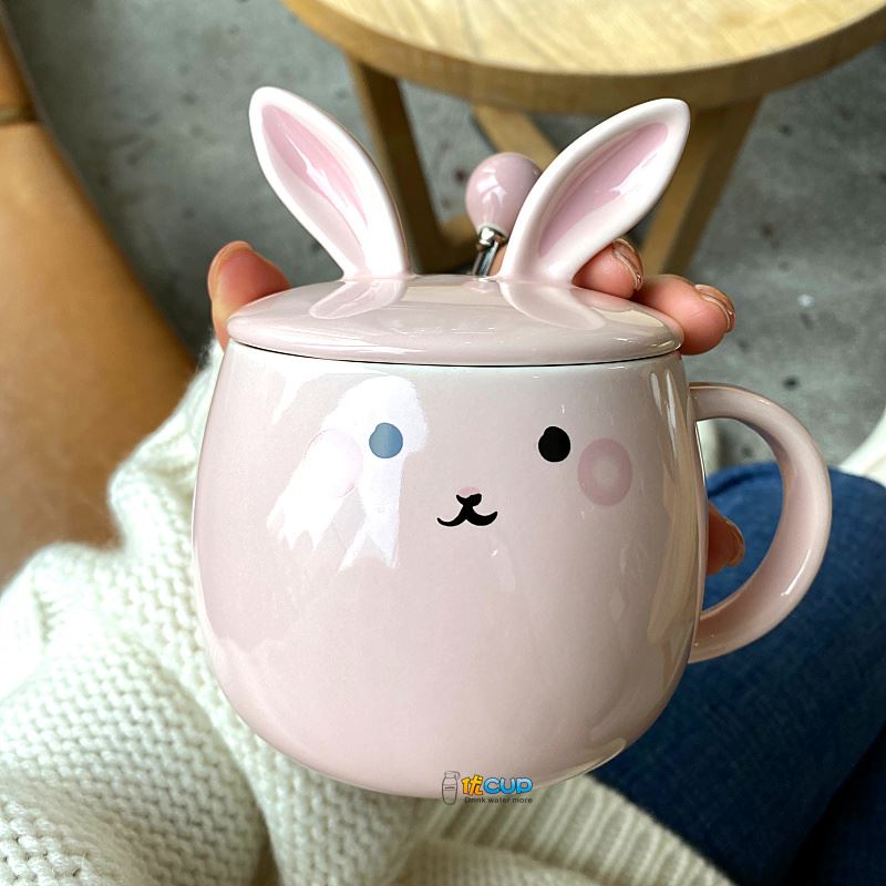 Ins girl heart mark cup with cover express little rabbit teaspoons of ceramic cup water cup of milk breakfast cup female students