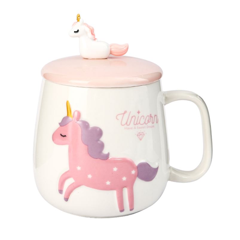 The Japanese lovely creative unicorn ceramic cup carousel mark cup milk coffee cup with pink girl students