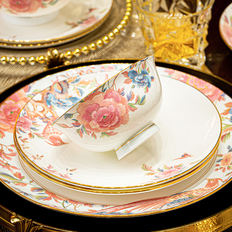 Jingdezhen Peony Flower Tableware Set High-End Bone China Bowls and Plates for Home Use, Light Luxury for Weddings, Housewarming, New Homes, Newlyweds