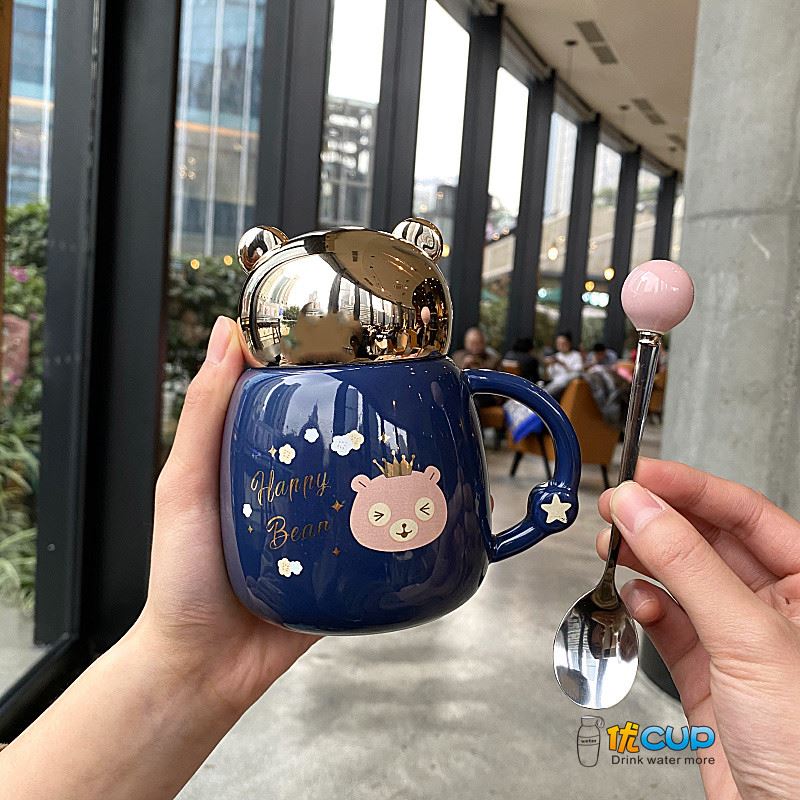 Super of express teddy bear ceramic cup with cover lens mugs girl heart pot - bellied milk coffee cup cup female students