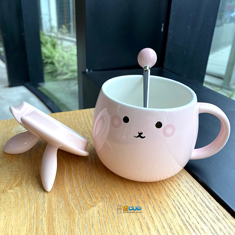 Ins girl heart mark cup with cover express little rabbit teaspoons of ceramic cup water cup of milk breakfast cup female students