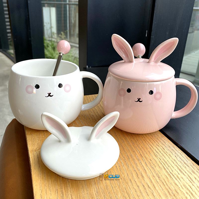 Ins girl heart mark cup with cover express little rabbit teaspoons of ceramic cup water cup of milk breakfast cup female students