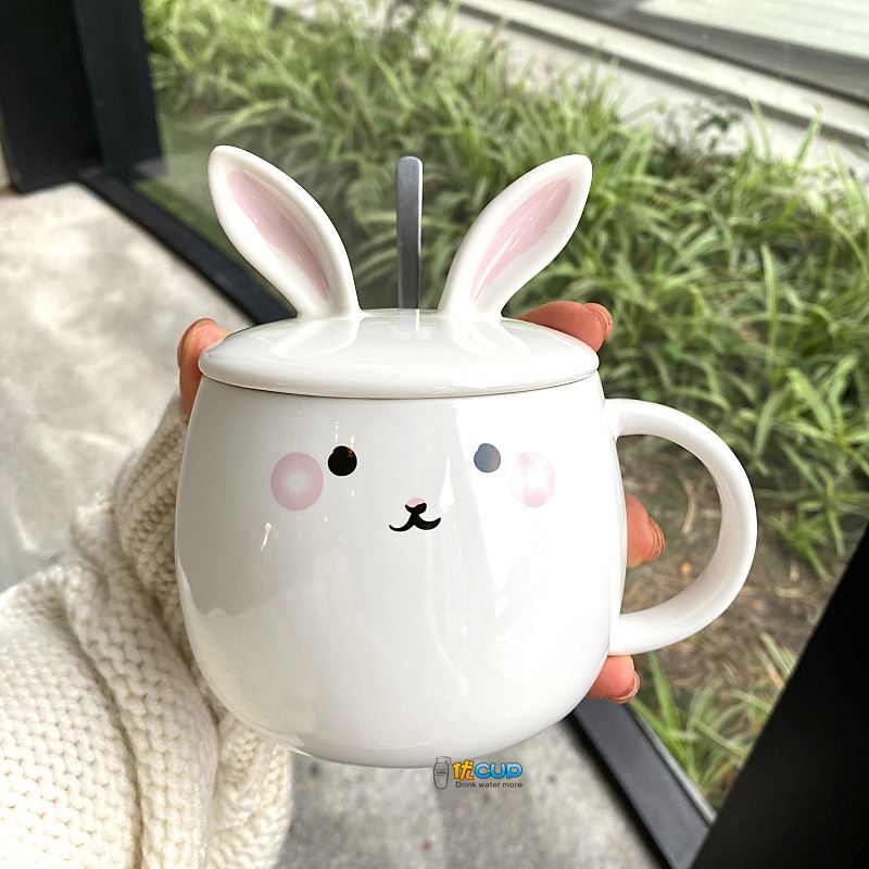 Ins girl heart mark cup with cover express little rabbit teaspoons of ceramic cup water cup of milk breakfast cup female students