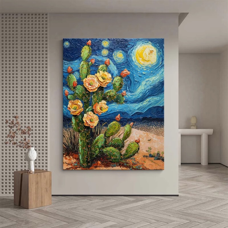 Van Gogh's World-Famous Painting Starry Night, Cactus and Floral Art, Living Room Background Wall, Bedroom Decorative Painting, Oil Painting Style, Entryway Hanging Painting