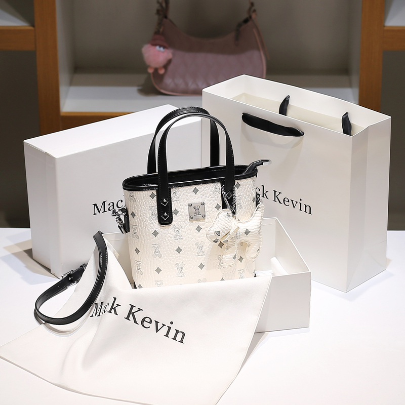 Mackkevin Genuine Leather Basket Bag Women's High-End Black and White Contrasting Color Handbag Crossbody Bag Bucket Bag