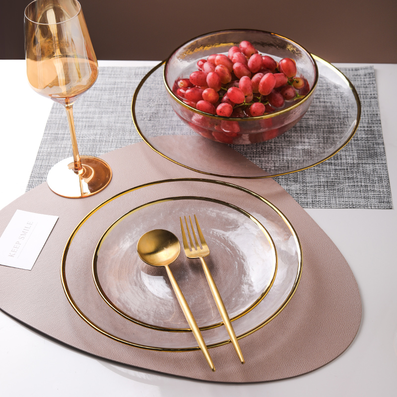 8 inch Nordic gold edge transparent glass flat plate Fruit plate Living room household Western steak plate Salad plate