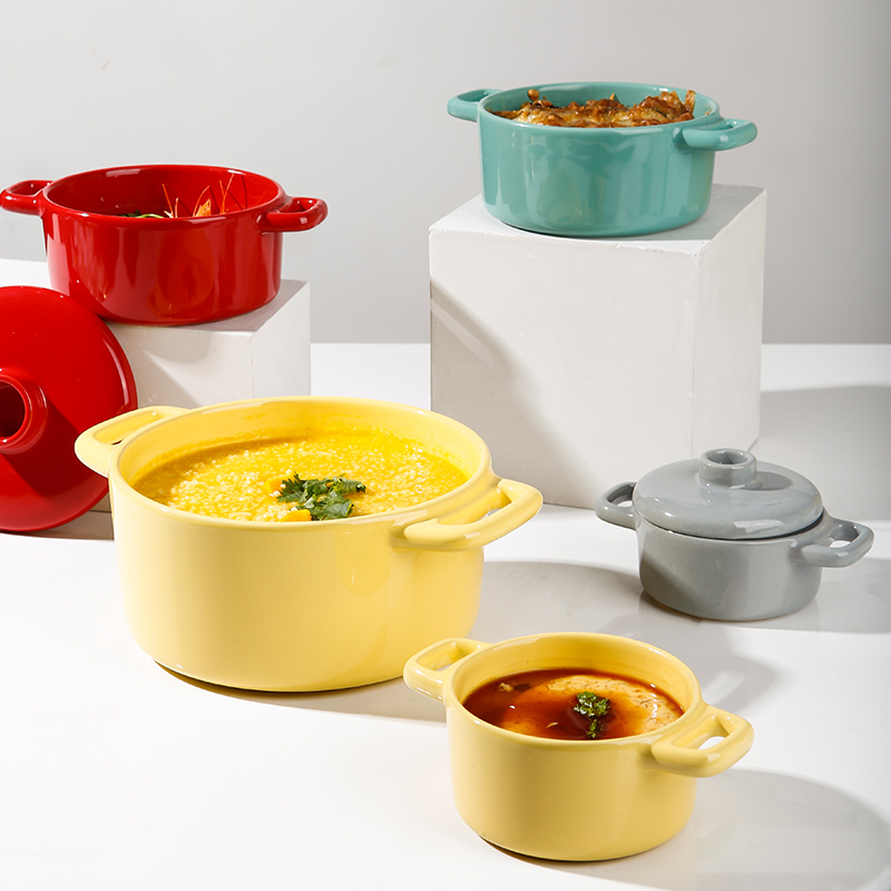 Binaural ceramic baking bowl with lid High temperature resistant household mini stew bowl baby baby non-staple food Small steamed egg cup bowl