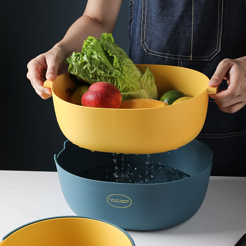 Creative Nordic contrast PP double drain basket vegetable washing basket Kitchen washing basket Plastic washing fruit drain basket