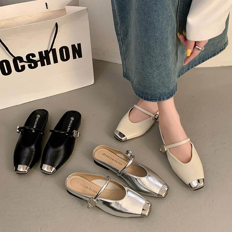 Silver Closed-Toe Mules for Women, Summer 2026 New French Style Shoes, Perfect for Pairing with Skirts, Stunning Sandals, Fashionable Footwear