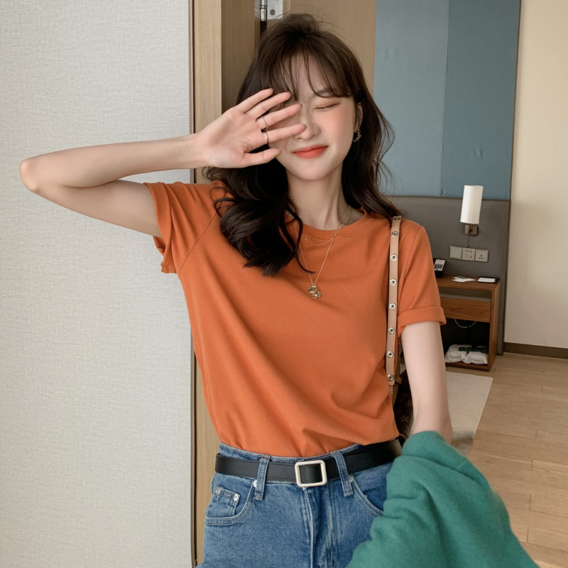 Short Solid Color Round Neck Short-Sleeve T-Shirt for Women, 2026 Summer Korean Style, Simple, Slightly Loose, Caramel Color, Dirty Orange Top