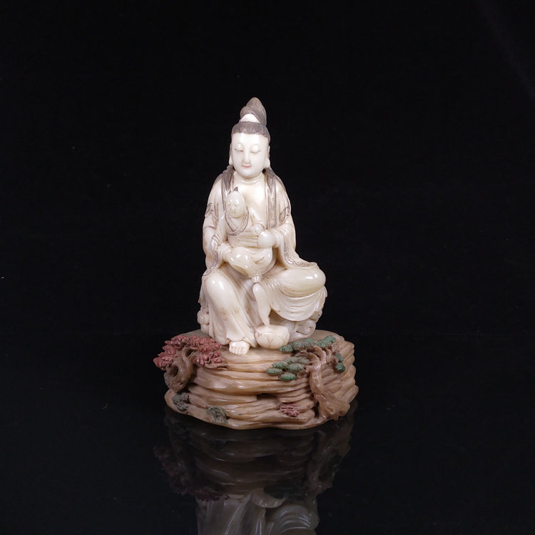 寿山芙蓉凍石彫◇「 清◇蓮座 童子觀音 擺件 ◇ 箱付 」極細工