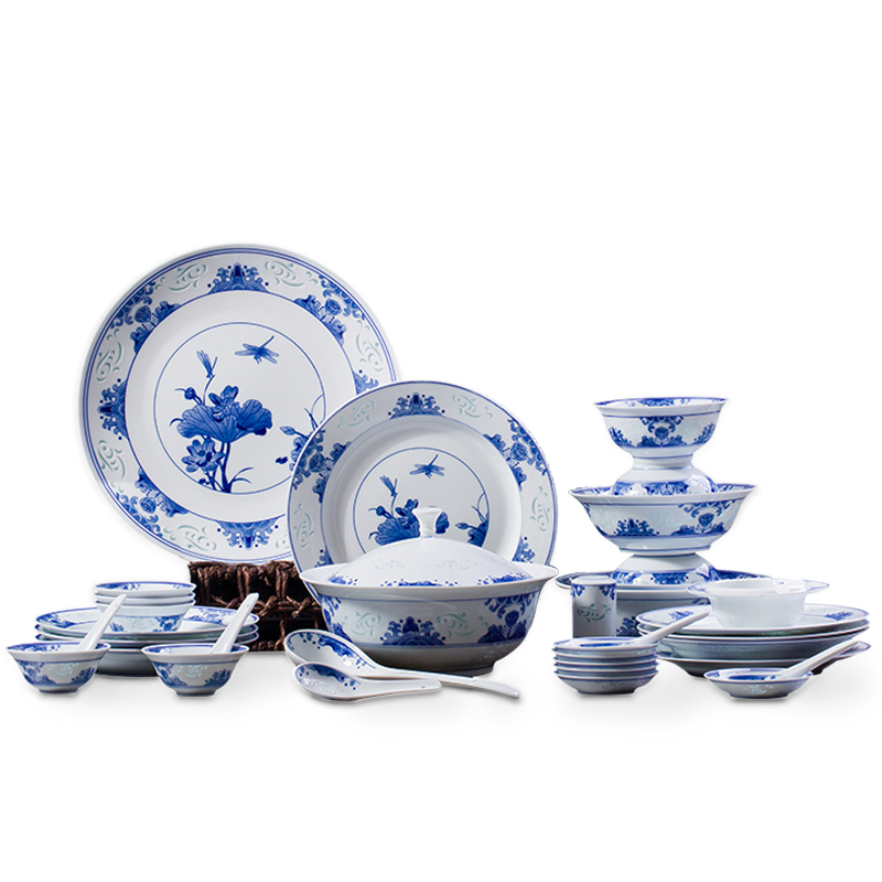 Jingdezhen flagship store town shop ceramic hand - made with blue and white and exquisite key-2 luxury tableware suit in the summer of 10 people