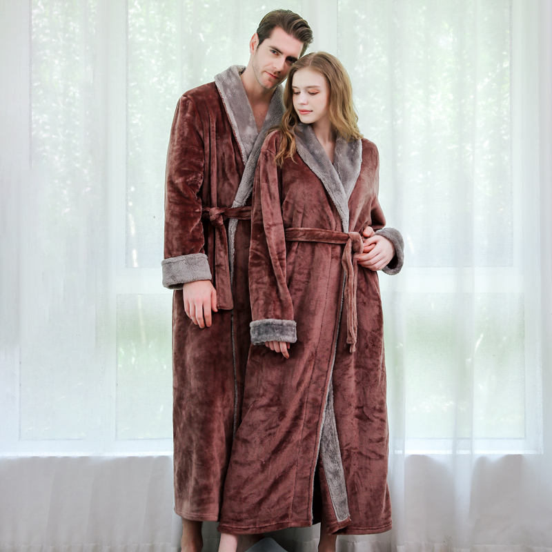 Nightgown women's winter thickened extended flannel couple contrast pajamas Sexy bathrobe Coral velvet men's home clothes