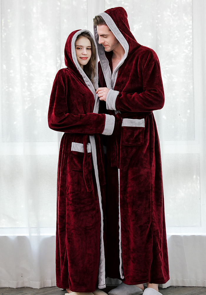 Nightgown Women's winter coral velvet thickened extended morning robe couple bathrobe Flannel pajamas Men's warm home clothes