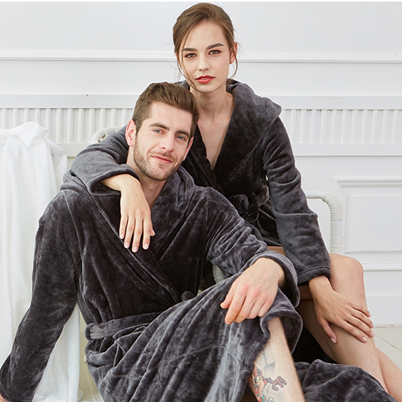 Sleeping Robe Women's Winter Coral Suede Lovers Thickening Lengthened Bath Robe Men Warm-to-cap bridal gown, flannel velvet pyjamas