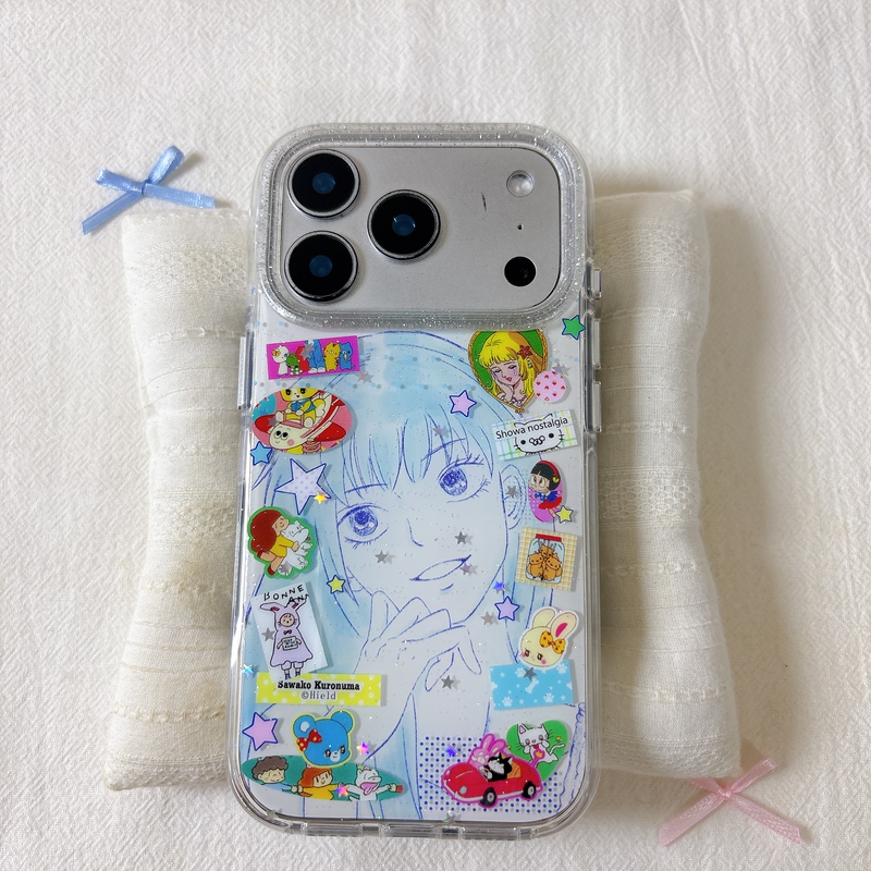 Ins Cartoon Illustration Blue Graffiti Kurosuouko Round Edge Double-Layer Suitable for Apple 17Promax Mobile Phone Case Iphone16 New Protective Case 15/14/13 Full-Cover Silicone Anti-Fall Japanese and Korean Style