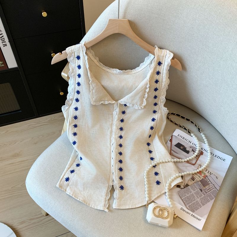 Perfect for Shopping and Dates! Korean Style Lace-Trimmed V-Neck Embroidered Tie-Up Top for Women, Chic Sleeveless Blouse for Summer Perfect for Shopping and Dates! Korean Style Lace-Trimmed V-Neck Embroidered Tie-Up Top for Women, Chic Sleeveless Blouse for Summer