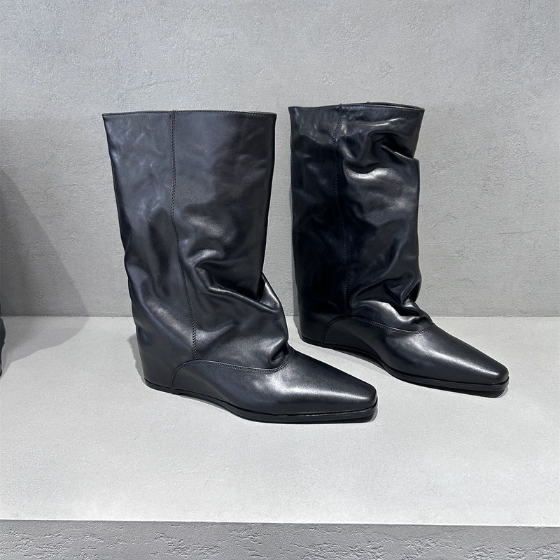 European Style Height-Increasing 8cm Genuine Leather Women's Boots 2026 New Square-Toe Fashion Boots Mid-Calf Slouch Boots Martin Boots