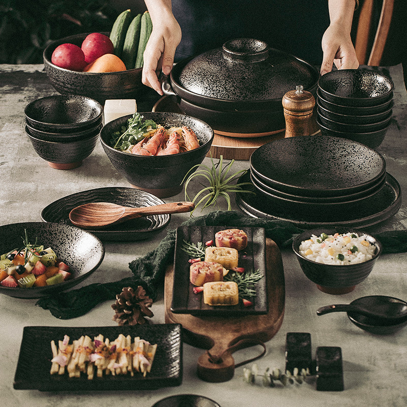 Japanese-Style Tableware Set Bowls and Plates, Black Retro Nordic Ceramic Plates, Light Luxury High-End Chinese-Style Rice Bowls