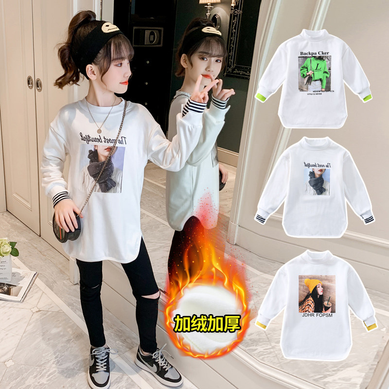 Girls' half turtleneck bottoming shirt plus velvet thickening 2022 autumn and winter clothes all-match big children's children's warm top inner wear