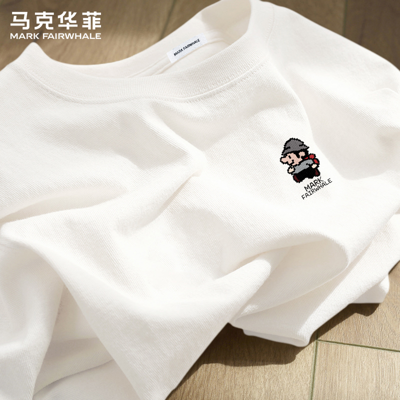 Mark Fairwhale 2026 Summer Men's Short Sleeve T-Shirt Pure Cotton Round Neck Mario Print Loose Trendy Top