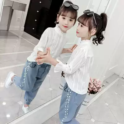 Girl big child white chiffon shirt female summer autumn thin long sleeve shirt children summer Korean version of foreign pie top