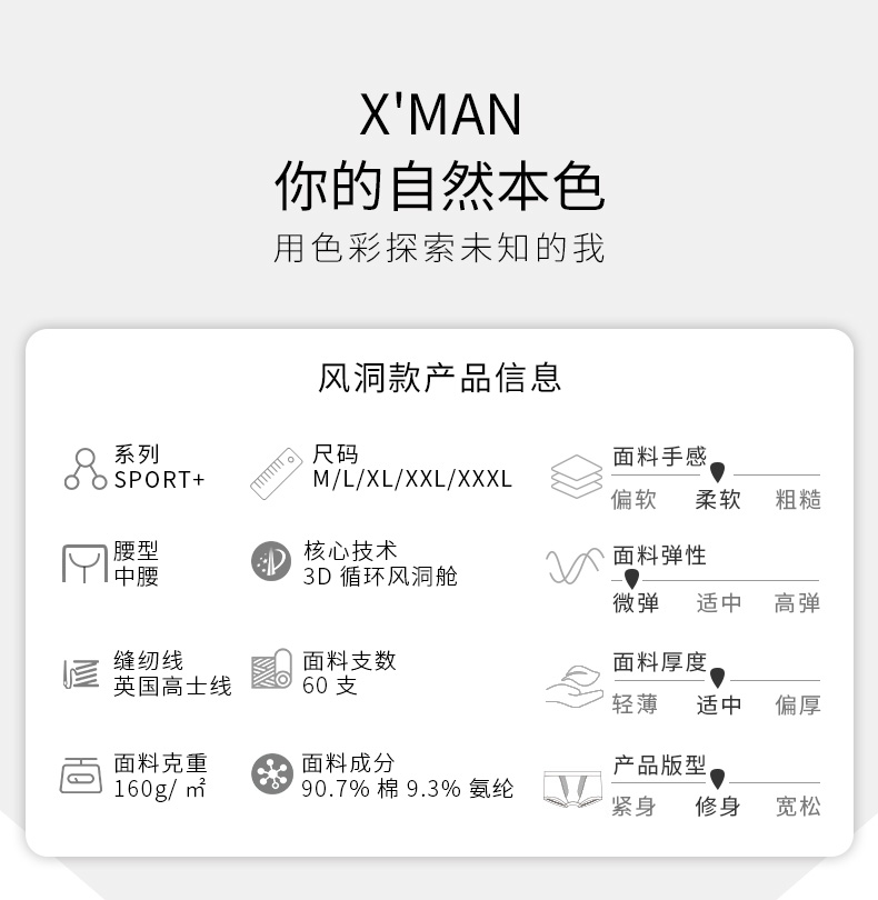 秘密森林 男士 3D风动舱 匹马棉四角裤 3条 图11