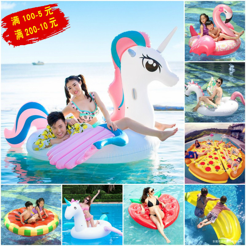 Adult men and women inflatable swan unicorn riding large pizza swimming circle Flamingo watermelon floating