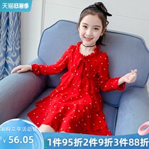 Girls cake dress dress 2021 new long-sleeved child female big child baby red chiffon style autumn dress