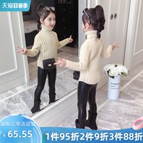 Girls white turtleneck sweater pullover 2021 new big childrens autumn and winter knitwear western style black base
