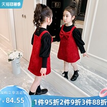 Girls Red Dress Spring and autumn plus Velvet Foreign style baby girl Princess dress thickened New Year clothes Skirt suit