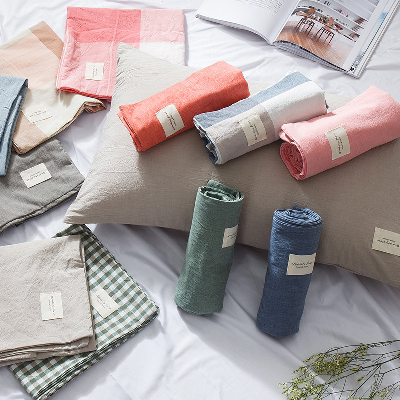 Wash cotton pillowcase cotton solid color plaid stripe cotton pillowcase two simple 48 * 74cm single pair