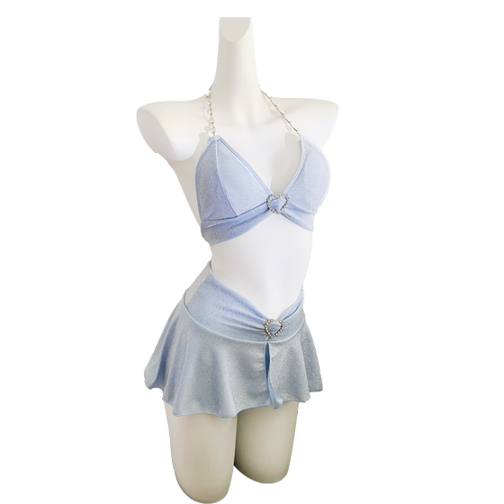 Bright flashing heart -shaped drilling swimsuit women's small breast sexy Bikini two -piece skirt and pants swimwear
