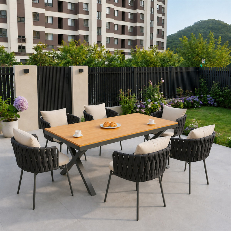 Outdoor Rope-Woven Combination Patio Villa Terrace Aluminum Alloy Long Table with Anti-Corrosion Wood Tabletop Leisure Dining Table and Chair Set Outdoor Rope-Woven Combination Patio Villa Terrace Aluminum Alloy Long Table with Anti-Corrosion Wood Tabletop Leisure Dining Table and Chair Set