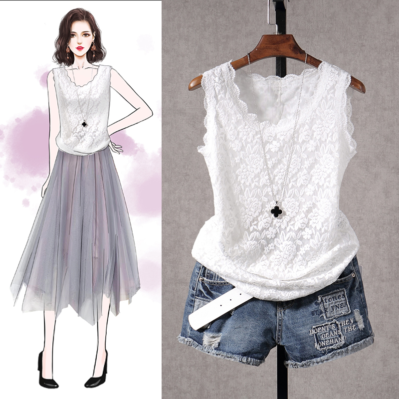 Spring and Summer New Korean Style White Short Sleeveless Lace Vest for Women, Slim Fit, Slimming Base Shirt, Camisole