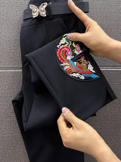 2025 spring and summer new high-waist elastic slim versatile trousers retro ethnic style slim casual pants