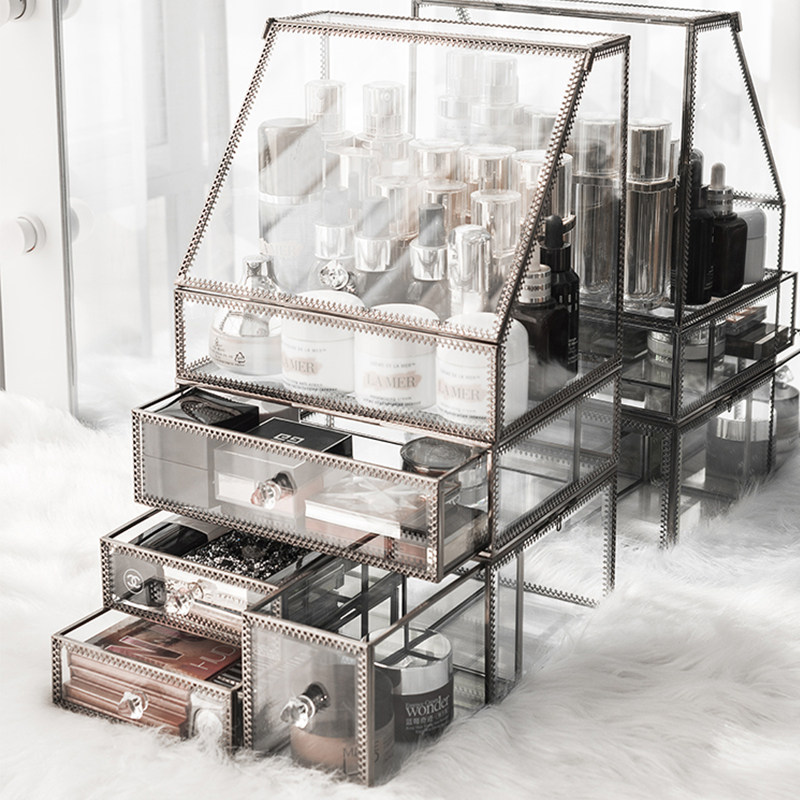 Glass cosmetic storage box dustproof household large-capacity desktop lipstick makeup table skin care products net red rack
