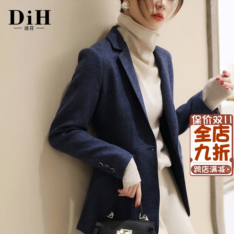 Woolen suit jacket female blue small 2022 new spring and autumn casual herringbone pattern professional suit top