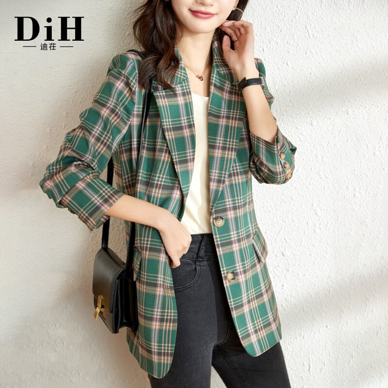 Green plaid small suit jacket female chic temperament casual 2022 new trendy fashion professional suit female jacket