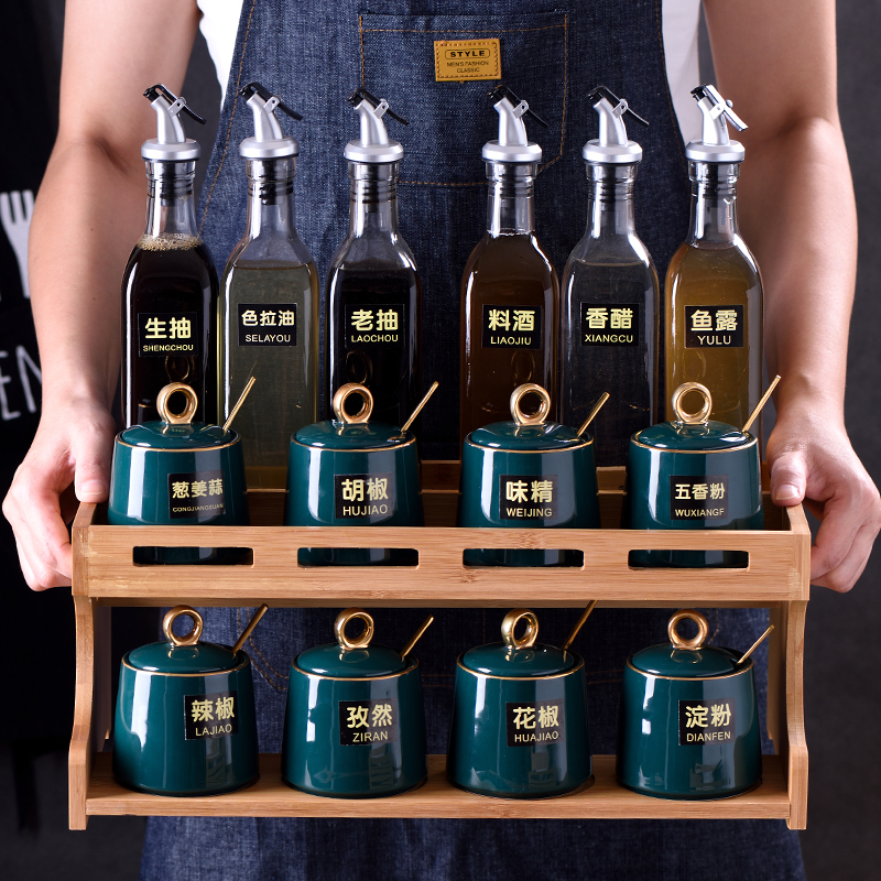 Ceramic kitchen glass condiment box flavor tin with domestic oil can receive a case caster combination suit
