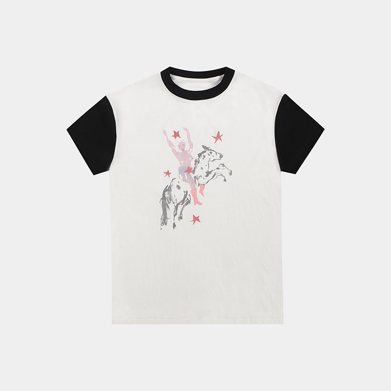 Mnemo Weave「ブラック＆ホワイト」プリント長繊維綿サマースリムフィット半袖Tシャツ