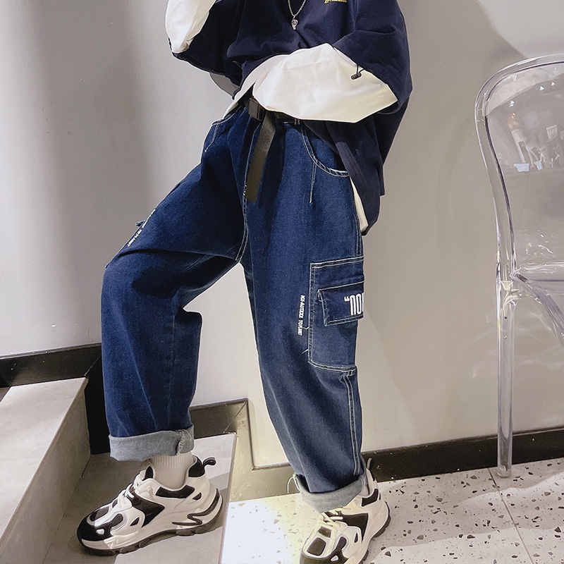 South Korean children's clothing male and female child labor pants 2021 fall new CUHK Tong big pocket pants Korean version jeans