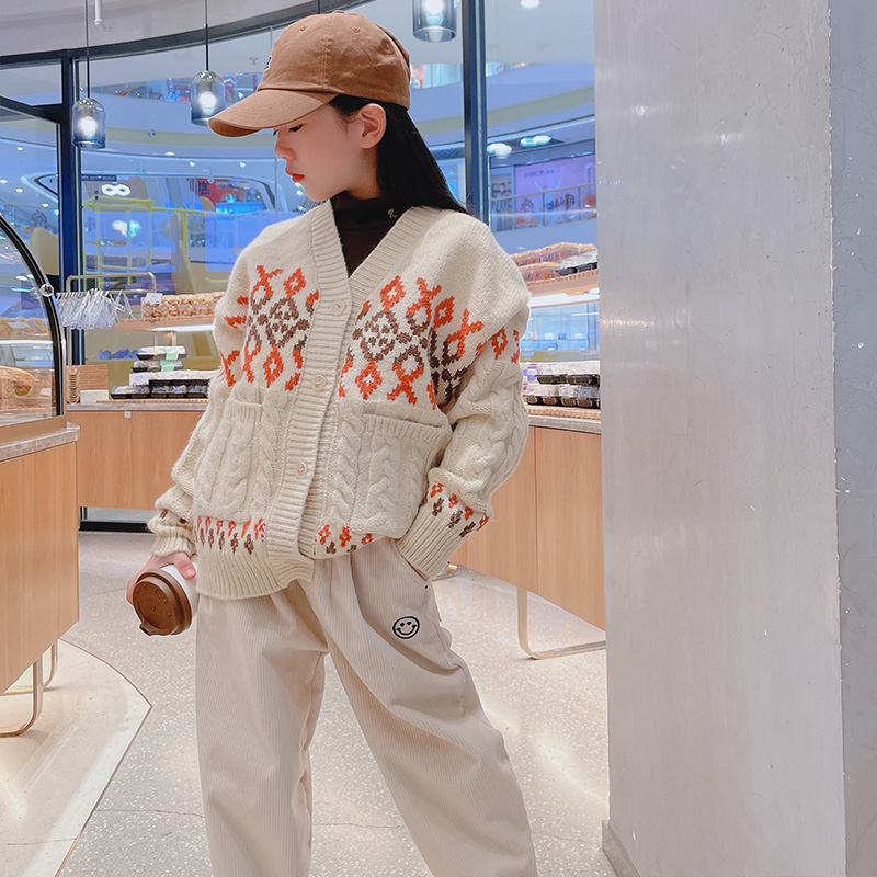 South Korean boy clothing sweaters girl boy covered with jumpsuit 2021 autumn and winter thickened loose outside wearing a CUHK child-knit cardiovert