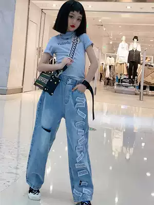 Pora bora Korean children's clothing girl straight pants 2021 spring new car label children's jeans wide leg pants tide