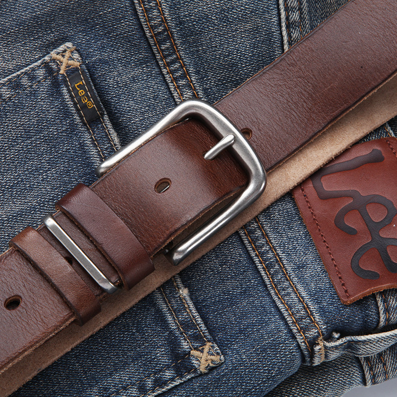 Blue leather belt men's top layer cowhide pin buckle youth leisure trend young people all-match simple leather belt