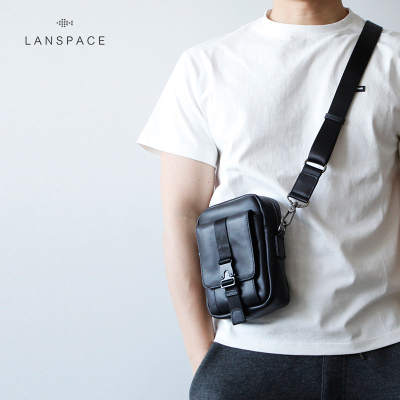 LANSPACE blue leather with men's bag genuine leather single shoulder bag inclined satchel men's Korean version cow leather small square bag mobile phone bag